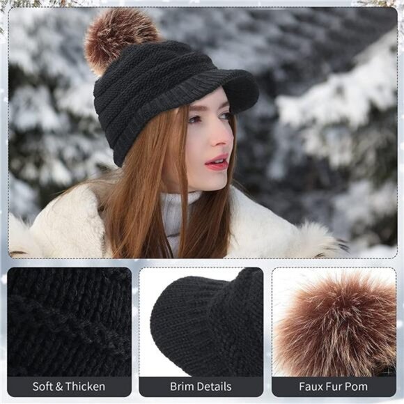 4 Pcs Women\'s Ribbed Knit Hat with Brim Pom Pom Brim Beanie Hats main image 5